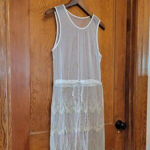 White Mesh Lace Embroidered Midi Dress Size 42 / L — Sheer Floral Bridal Cottage